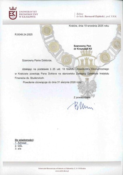 Skan powołania dr Krzysztofa Kila na stanowisko Zastępcy Dyrektora Instytutu Finansów