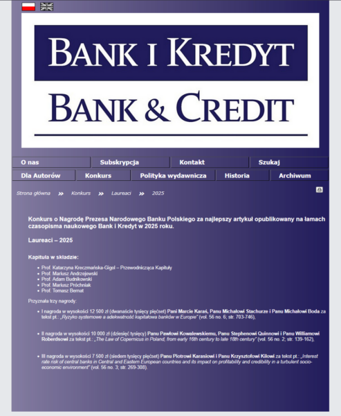 Zrzut ekranu przedstawiający wyniki konkursu na najlepszy artykuł naukowy w czasopiśmie Bank i Kredyt.