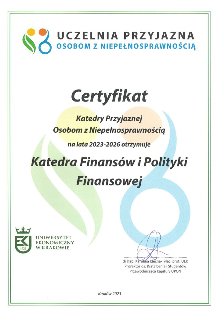 Zdjęcie Certyfikatu „UCZELNI PRZYJAZNEJ OSOBOM Z NIEPEŁNOSPRAWNOŚCIAMI 2023-2026”