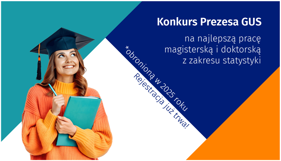 Grafika promocyjna konkursu akademickiego przedstawiająca osobę ubraną w togę i czapkę absolwenta, trzymającą notes i długopis, patrzącą w górę z uśmiechem wyrażającym dumę i satysfakcję z osiągnięć naukowych; postać znajduje się na tle nowoczesnych, geometrycznych kształtów – seledynowego trójkąta po lewej stronie i białego po prawej – które porządkują kompozycję i nadają jej profesjonalny charakter, a po prawej stronie umieszczono tekst informujący o Konkursie Prezesa GUS na najlepszą pracę magisterską i doktorską z zakresu statystyki obronioną w 2025 roku wraz z informacją, że rejestracja już trwa, co razem buduje pozytywną, uroczystą i inspirującą atmosferę celebrującą sukces akademicki.