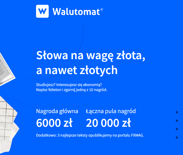 Niebieska grafika promocyjna konkursu Walutomatu z hasłem „Słowa na wagę złota, a nawet złotych”. Informacja dla studentów zainteresowanych ekonomią: napisz felieton i wygraj nagrodę. Nagroda główna 6000 zł, łączna pula nagród 20 000 zł. Dodatkowo trzy najlepsze teksty zostaną opublikowane na portalu FXMAG.