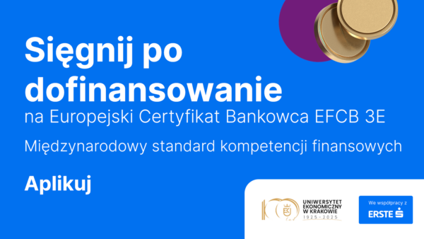 Baner informacyjny w kolorach niebieskich odnośnie dofinansowania na certyfikat Europejski Certyfikat Bankowca EFCB 3E.
