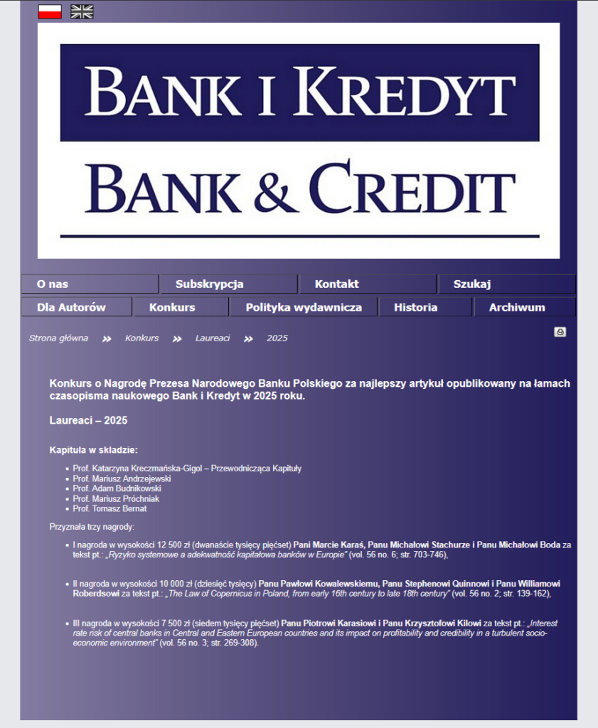 Zrzut ekranu przedstawiający wyniki konkursu na najlepszy artykuł naukowy w czasopiśmie Bank i Kredyt.